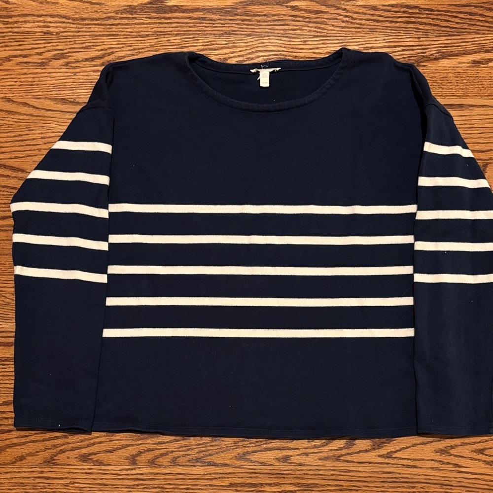 Eileen Fisher Navy and Cream Striped Sweater